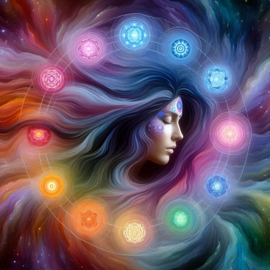 Image of girl with hair and chakra symbols